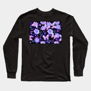 Purple Flora and Fauna Butterflies and Flowers on Black Long Sleeve T-Shirt